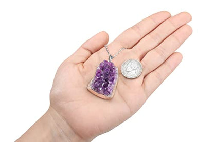 Jovivi Natural Amethyst Cluster Crystal Necklace for Women Men,Irregular Raw Rough Amethyst Quartz Stone Pendant Necklace Jewelry for Spiritual Reiki Healing,Beauty, Love and Positive Energy - color: Silver Plated