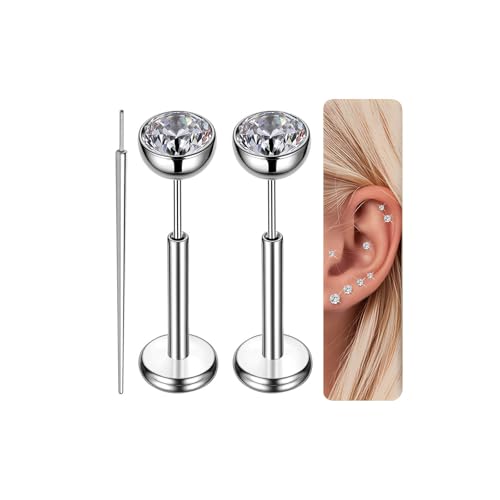 Gotumo 16G 18G 20G Flat Back Earrings Stud Titanium Threadless Nose Rings Tragus Labret Cartilage Lip Medusa Conch Body Piercing Jewelry Hypoallergenic for Women Men - color: Silver, size: 16G Bar Lengths 7mm & CZ 4mm