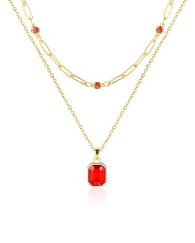 Gold Layered Necklaces for Women, 18k Gold Plated Crystal Necklace Paperclip Choker Emerald Green Jewelry for Women Gifts - color: Big Red