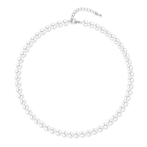 Aleasha Faux Pearl Strand 4mm-10mm 14"-22" White Pearl Necklace Choker Women Men Wedding Jewelry - color: White-8mm, size: 16inches