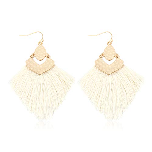 Bohemian Thread Tassel Drop Earrings - Geometric Petal Fan Fringe Feather Statement Chandelier Duster Dangles - color: Boho Tassel Chandelier - Ivory