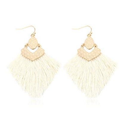 Bohemian Thread Tassel Drop Earrings - Geometric Petal Fan Fringe Feather Statement Chandelier Duster Dangles - color: Boho Tassel Chandelier - Ivory