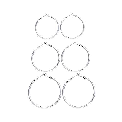 3 Pairs Sterling Silver Large Hoop Earrings Set for Women 40 50 60MM | 14K White Gold Plated, Hypoallergenic - style: E:Silver 20mm 30mm 40mm