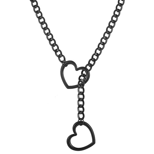 sroyte Heart Slip Chain Necklaces for Women,Stainless Steel O-Ring Adjustable Lariat Y-Necklace,Punk Gothic Cuban Collar Choker Necklace for women - color: Chunky Black Heart, size: 31"