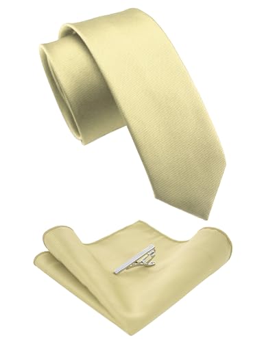 JEMYGINS 2.4" Solid Color Skinny Tie and Pocket Square with Tie Clip Sets for Men (6cm) - color: Light Yellow