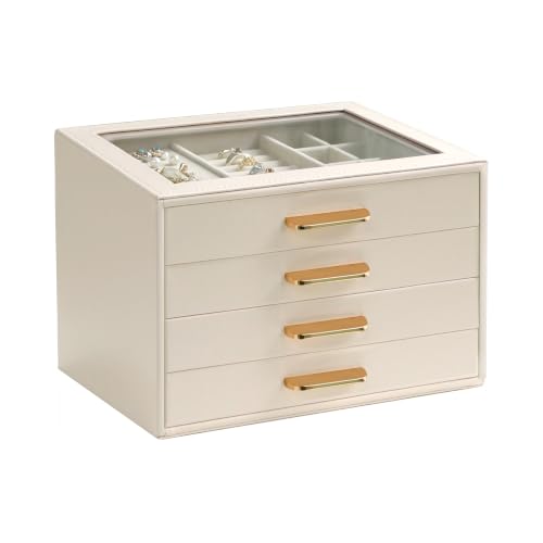 Homeanda Glass Lid Jewelry Boxes for Women, 4-Layer PU Leather Organizer with 3 Drawers, Display Storage for Rings Necklaces Earrings Bracelets Watches, Gift for Wife and Girls (Beige) - color: Cloud White, size: 4 Layer (8.4"D x 7.1"W)