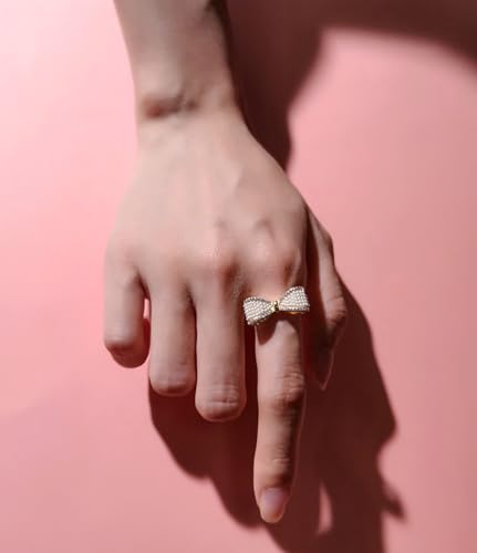 Pearl CZ Bow Statement Open Finger Ring for Women - Gold Plated Dainty Crystal Bowknot Adjustable Rings Wedding Engagement Promise Bands Elegant Jewelry Birthday