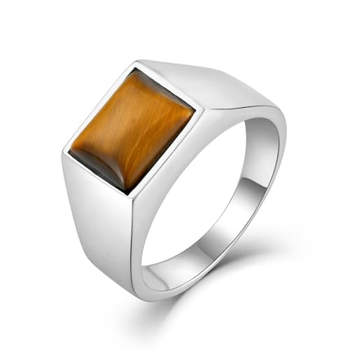 Men's Tiger Eye Square Signet Ring Stainless Steel Thumb Rings with Natural Stone for Men Jewelry Gift for Him, Size 7-12 - color: 02,Silver-tiger eye