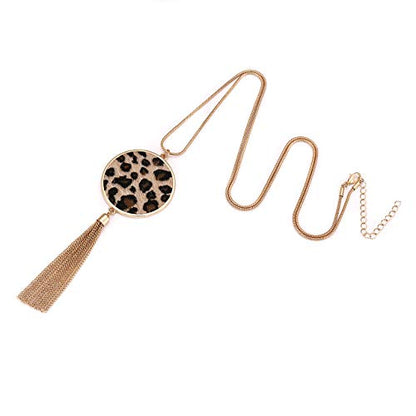 MOLOCH Long Necklaces For Woman Disk Circle Pendant Necklaces Tassel Fringe Necklace Set Statement Pendant - color: light leopard