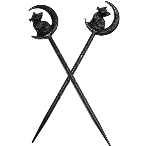 2PCS Retro Halloween Hair Sticks For Women Black Gothic Witch Moon Cat Hairpin Hair Styling Pins (CAL1) - color: CAL1