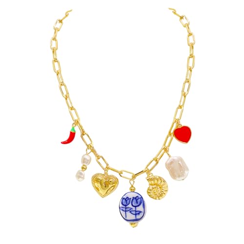 JNF Cute Shell Conch Boho Charm Necklace for Women Sun Moon Star Coin Heart Flower Boot Bow Charms Necklaces Summer Beach Jewelry - color: charm gold