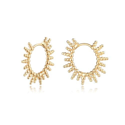 Dremmy Studios Dainty CZ Huggie Hoop Earrings 14K Gold Plated Chunky Simple Cute Thick Round Frill Bead Ball Starburst Cuff Earrings Cubic Zirconia Hoop Earrings Minimalist Personalized Gift for Her - color: Bead GD