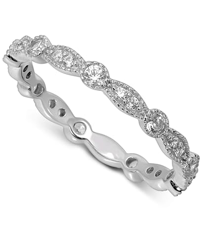 Womens 925 Sterling silver Rhodium plated Swarowski Zirconia stackable band ring