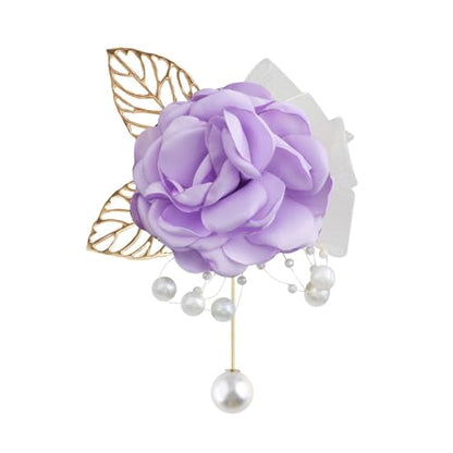 Handmade Elegant Red Rose Flower Brooch Pin for Women Crystal Pearl Fabric Flower Lapel Pin Dress Suit Accessories - color: Purple B