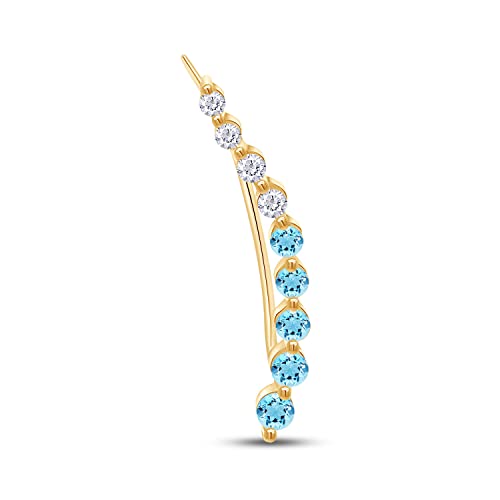Floating Curved Bar One Piece Left Ear Crawler Earrings With Birthstone | White CZ In 14K Yellow Gold Over Sterling Silver - color: Simulated Aquamarine