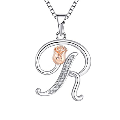 STARCHENIE Initial Necklace for Women Sterling Silver Letters 26 Alphabet Pendant Rose Flower Jewelry Gifts for Family Sisters Friend - color: R