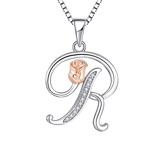 STARCHENIE Initial Necklace for Women Sterling Silver Letters 26 Alphabet Pendant Rose Flower Jewelry Gifts for Family Sisters Friend - color: R