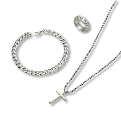 3-Piece Cross Pendant Necklaces Bracelets Rings Jewelry Sets for Men Women,Cuban Chain Bangle,Adjustable Box Link,Religious Charm,Fashion Jewelry Accessories for Party Birthday Gifts - color: Silver