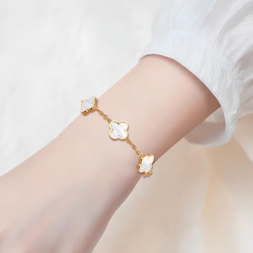 18K Gold Plated Lucky Clover Jewelry Set, Birthday Gifts for Women | Stainless Steel Hypoallergenic,Black White Red Four Leaf Clover Bracelet Necklace Earrings set, Daily Wear, Gifts for Women - color: Clover Set-White
