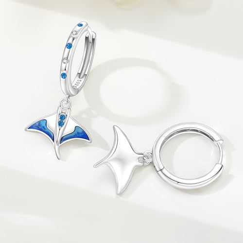 925 Sterling Silver Hoop Earrings Drop Dangle Earrings for Women Hypoallergenic Earring Trendy Huggie Earring Cute Graduation Birthday Gifts Jewelry for Women - color: Blue Manta Ray earrings