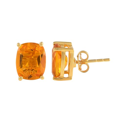 Women's 18K Gold Plated 8x10mm Princess Cut Gemstone Stud Earrings – Birthstone Jewelry for Her – Classic Cushion Studs - color: Citrine