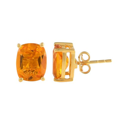 Women's 18K Gold Plated 8x10mm Princess Cut Gemstone Stud Earrings – Birthstone Jewelry for Her – Classic Cushion Studs - color: Citrine