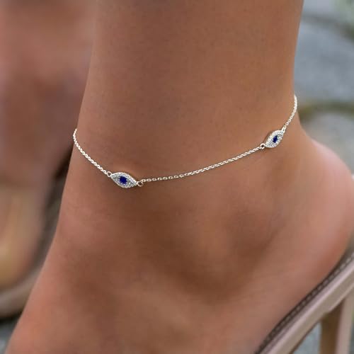 Rotnso Anklets for Women 14K Gold Silver Plated Ankle Bracelets Trendy Waterproof Boho Anklets Set Adjustable Dainty Cute Diamond Beaded Heart Non Tarnish Summer Beach Jewelry Gift - style: Evil Eye Diamond-SL