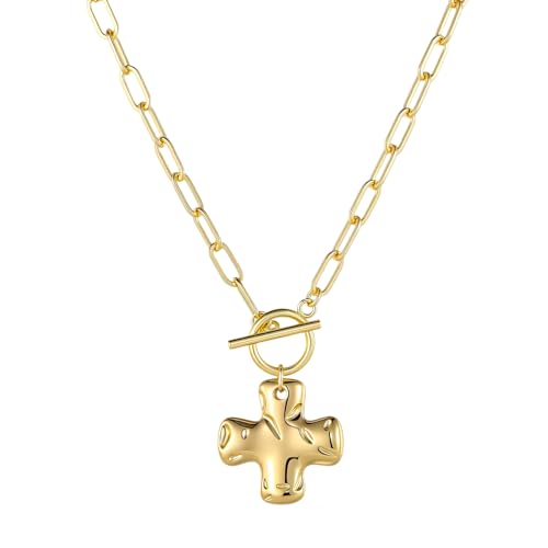 Joxevyia Gold Cross Necklace for Women Hammered Cross Pendant Toggle Clasp Paperclip Chain Statement Choker Bold Faith Jewelry Gift - color: gold cross necklace, size: 20 inches