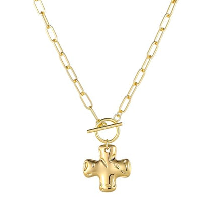 Joxevyia Gold Cross Necklace for Women Hammered Cross Pendant Toggle Clasp Paperclip Chain Statement Choker Bold Faith Jewelry Gift - color: gold cross necklace, size: 20 inches