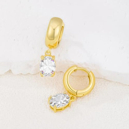 Chunky Gold Huggie Cz Dangle Earrings for Women | Hoop Huggies Dangly, Cubic Zirconia Drop Earring, Diamond Crystal Charm, Statement Dangling Earrings, Jewelry Gifts - color: Gold-Oval