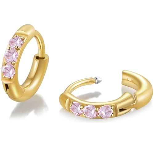 Hypoallergenic Unisex Surgical Steel Small Cubic Zirconia Huggie Hoop Earring, Color Gold - Silver - Rose Gold - Black - Rainbow, Size 6mm- 12mm Safe for Sensitive Ear - style: N02: 6MM - Gold - Pink Cubic Zirconia