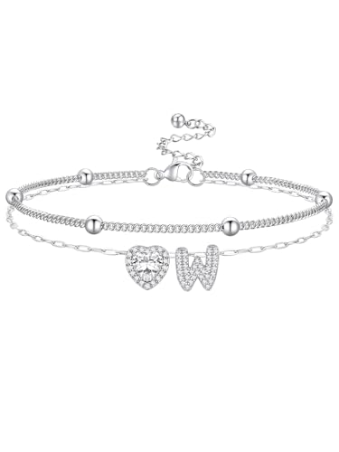 Bestyle Initial Anklet Bracelets for Women Waterproof Non Tarnish 14K Gold/White Gold Plated CZ Anklets for Women Dainty Layered Letter Heart Ankle Bracelets Adjustable Foot Chain Anklet - color: W