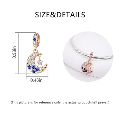 Charm for Bracelets and Necklaces, Heart Animals 925 Sterling Silver Bead Celestial Sun Moon Star Charms Jewelry Gift for Women Girls - color: Rose Gold Moon Star Dangle Charm