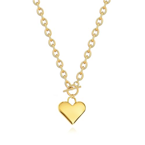 Zeffy 14K Gold/Silver Plated Chunky Thick Chain Toggle Clasp Necklace Dainty Baroque Pearl/Heart/Cross/Turquoise Pendant Necklace - color: Gold Big Heart Necklace