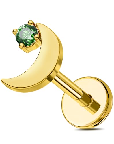 OUFER 18G Moon Cartilage Piercling Jewelry-G23 Titanium Flat Back Push Pin Gold Helix Earrings, Shiny Emerald CZ Tragus Lobe Rook Helix Piercing Jewelry - style: Gold-Emerald