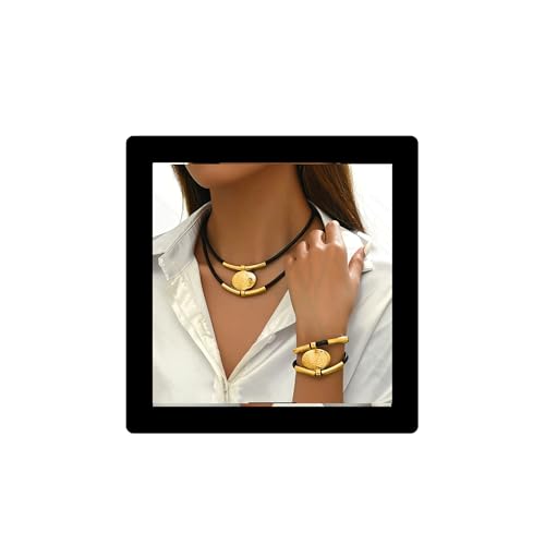Gold Jewelry Set, Bohemian Double-Layer Black Rope With Oval Black Acrylic Pendant Necklace And Bracelet Set Vintage Trendy Golden Necklaces Bracelets For Women Gift - color: Black&Gold