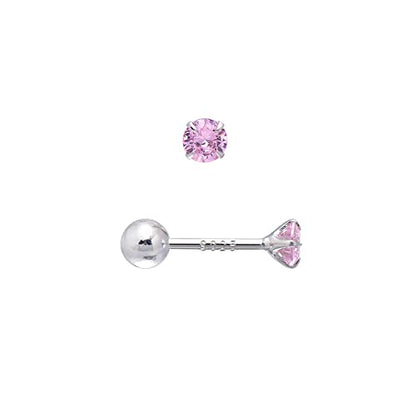 Screw Back Sterling Silver Cubic Zirconia Earrings Studs 3 MM - color: Pink
