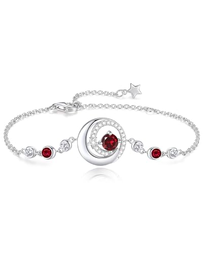FANCIME Birthstone Bracelets 925 Sterling Silver Moon and Star Bangle Charm Bracelet Fine Jewelry Anniversary Birthday Mothers Day Gifts for Mom Her Women, Adjustable Chain 6.7"+1.2" Extend - color: link-1-garnet