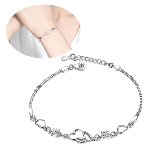 925 Sterling Silver Bracelets for Women Adjustable Love Heart Charm Chain Bracelets Fashion Jewelry Valentine's Day Gifts for Your Lover - color: 1-Silver