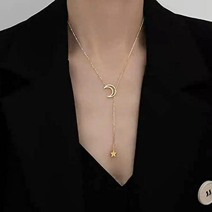 Long Moon and Star Neclace for Women 14K Gold Plated Crescent Moon Star Pendant Choker Lariat Necklaces for Womens Girls - color: gold