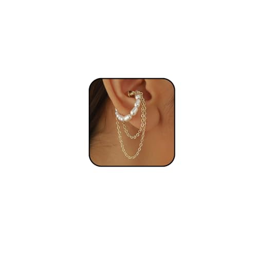 14K Gold Plated Ear Cuff Earring for Women Non Piercing, Dainty Pearl Tassels Beads Ear Cuff Minimalist Cuff Earrings Jewelry Gift - style: Pearl Tassel Chain