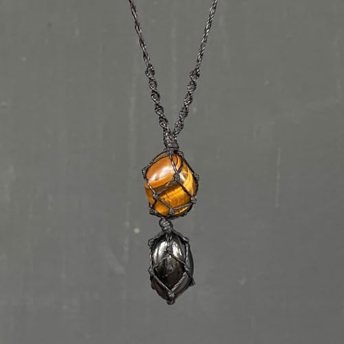 Handmade Black Tourmaline & Tiger Eye Crystal Necklace, Natural Gemstone Macrame Pendant for Men and Women, Protection & Stability Jewelry