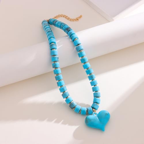 YUJIE Chunky Heart Pendant Necklace for Women- Exaggerated Statement Puff Heart Necklace with Acrylic Beaded Chain - color: blue