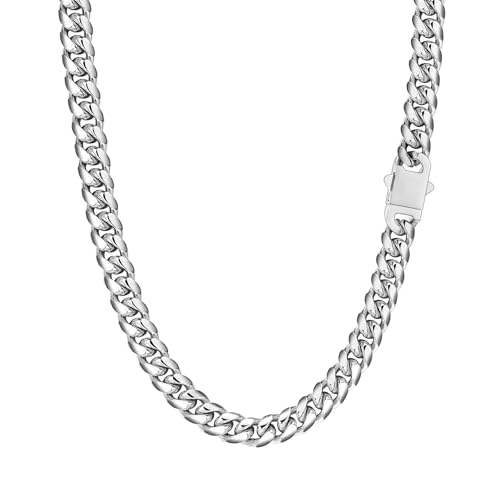Miami Cuban Link Chain Necklace for Men Women Gold Plated Silver Black Stainless Steel Curb Chain Necklace 5mm/7mm/8mm/9mm/12mm/14mm Width 18 to 30 inch Secure Clasp Hip Hop Jewelry Gifts for Men - color: a. 7mm width-Silver, size: 18inch