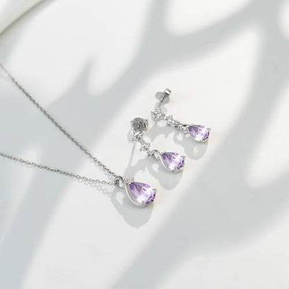 immobird 925 Sterling Silver Infinity Birthstone Jewelry Set Teardrop | Birthstone Necklace and Earring Set, Small Pear-shape Pendant, Drop Earring, Timeless Gift for Her, Daily Wear, Nice Gift Box - color: 02-Feb.