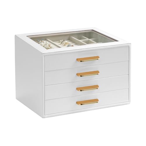 Homeanda Glass Lid Jewelry Boxes for Women, 4-Layer PU Leather Organizer with 3 Drawers, Display Storage for Rings Necklaces Earrings Bracelets Watches, Gift for Wife and Girls (White) - color: White, size: 4 Layer (8.4"D x 7.1"W)