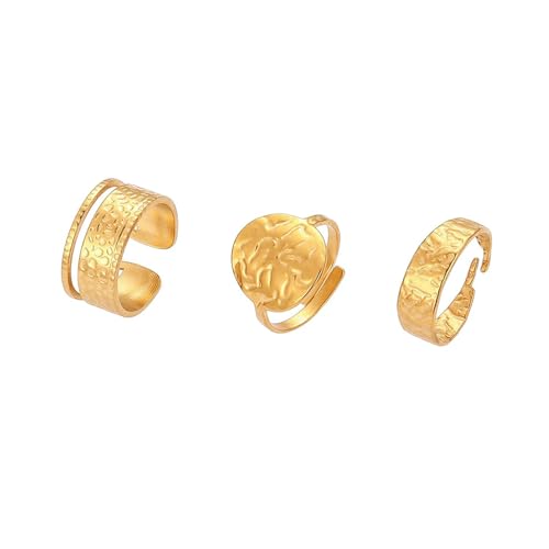 3Pcs Gold Chunky Hammered Geometric Open Ring Set for Women,Boho Retro Textured Stackable Band Statement Rings Modern Minimalist Jewelry Gifts - color: Golden