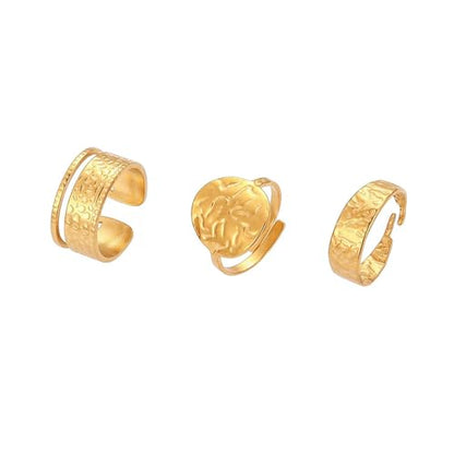 3Pcs Gold Chunky Hammered Geometric Open Ring Set for Women,Boho Retro Textured Stackable Band Statement Rings Modern Minimalist Jewelry Gifts - color: Golden