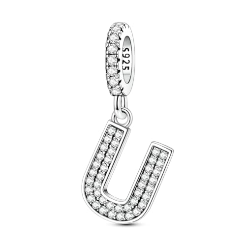 Hapour Letter 925 Sterling Silver Charm with Cubic Zirconia Alphabet A-Z Initial Dangle Charms Beads Pendent DIY Jewelry for Bracelets Necklace - color: U