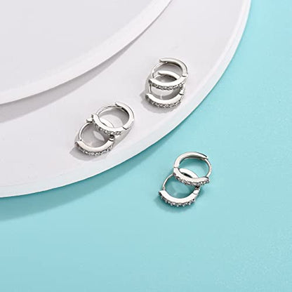 Silver Hoop Earrings for Women, 3 Pairs Small Sterling Silver Huggie Earrings | Tiny Cubic Zirconia Cartilage Cuff Earrings Hoop Piercing Jewellery for Men Teens (8mm/10mm/12mm) - color: 3 Pairs(8mm*3)-Silver